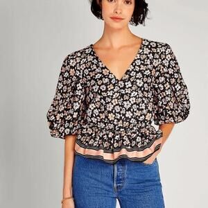 NWT Club Monaco Floral Waisted V-Neck Balloon Sleeve Blouse Top Women's Size L